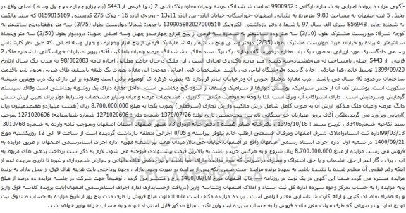 مزایده ششدانگ عرصه واعیان مغازه پلاک ثبتی 2 (دو) فرعی