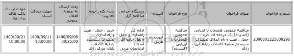 مناقصه عمومی همزمان با ارزیابی (فشرده) یک مرحله ای خرید ، حمل ، نصب و راه اندازی تجهیزات سیستم تصفیه فاضلاب پایانه مرزی رازی