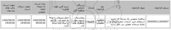 مناقصه عمومی یک مرحله ای تجدید استعلام خرید خدمات حمل، انتقال و تخلیه پسماند عفونی بی خطر شده