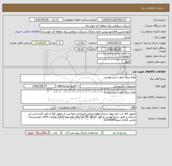 استعلام لوازم بریکر طبق شرح پیوست 