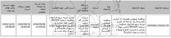 مناقصه عمومی همزمان با ارزیابی (فشرده) یک مرحله ای تجدید مرتبه سوم فراخوان مناقصه شماره 991024 (تامین مواد غذایی و مدیریت طبخ و توزیع و اداره رستوران پالایشگا