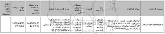 فراخوان ارزیابی کیفی اجرای شبکه جمع آوری فاضلاب محله های لاله،آخمقیه،رواسان و مناطق متفرقه و باقیمانده تبریز(قطعه1400-c)