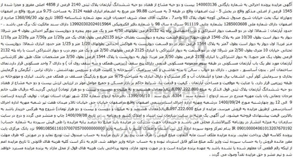 مزایده ششدانگ آپارتمان پلاک ثبتی 2140 فرعی از 4858 اصلی