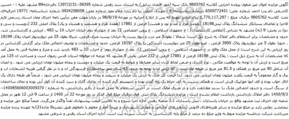 مزایده ششدانگ پلاک ثبتی18198 (هجده هزار و صد و نود و هشت) فرعی