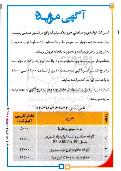 مزایده فروش ضایعات خطوط تولید ...