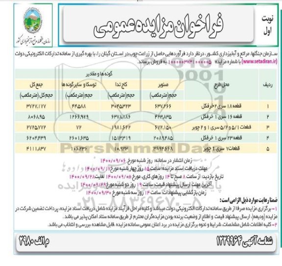فراخوان مزایده فرآورده هایی حاصل از زراعت چوب
