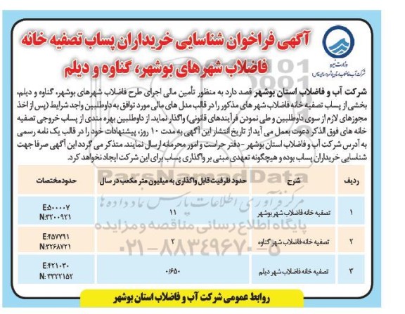فراخوان شناسایی خریداران پساب تصفیه خانه فاضلاب