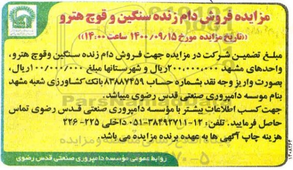مزایده ، مزایده فروش دام زنده سنگین و قوچ هترو