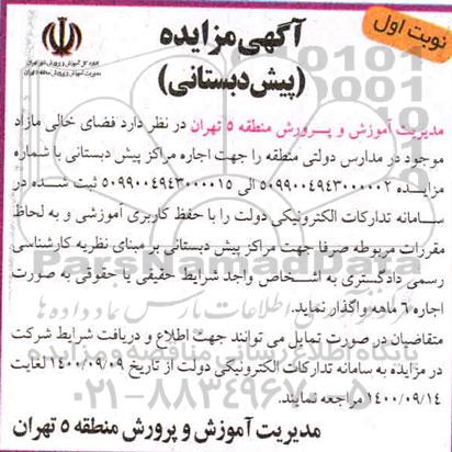 مزایده، مزایده اجاره فضای خالی مازاد موجود در مدارس دولتی 