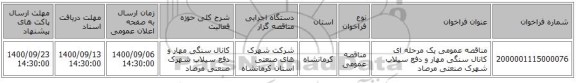 مناقصه عمومی یک مرحله ای کانال سنگی مهار و دفع سیلاب شهرک صنعتی مرصاد