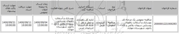 مناقصه عمومی یک مرحله ای بهسازی و آسفالت راههای روستایی سیچان بلاغی و آزاد – باجوند شهرستان مهاباد