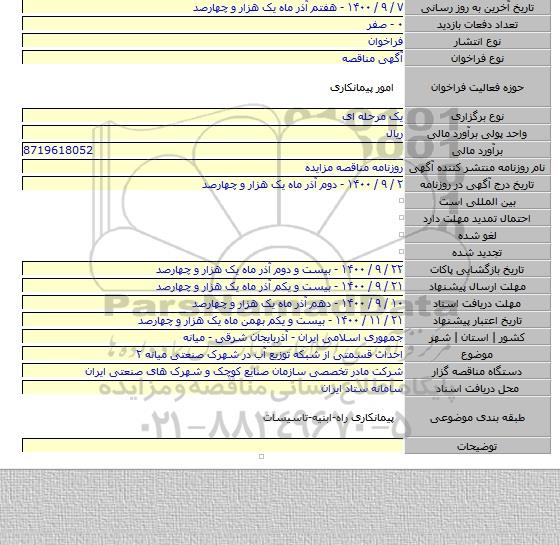 احداث قسمتی از شبکه توزیع آب در شهرک صنعتی میانه ۲