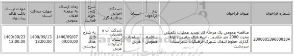 مناقصه عمومی یک مرحله ای تجدید عملیات تکمیلی مخزن 2000 متر مکعبی ، ابنیه های جانبی و لوله گذاری خطوط انتقال شهرک فرهنگیان شهرستان سردشت