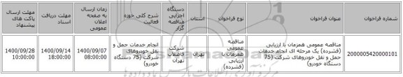 مناقصه عمومی همزمان با ارزیابی (فشرده) یک مرحله ای  انجام خدمات حمل و نقل خودروهای شرکت (75 دستگاه خودرو)