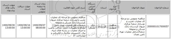 مناقصه عمومی دو مرحله ای  عملیات تخریب و نوسازی شعبه مرکزی مریوان کردستان بانک مسکن  و محوطه شعبه(شامل عملیات تهیه، تامین مصال