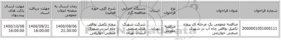 مناقصه عمومی یک مرحله ای پروژه تکمیل نواقص چاه آب در شهرک صنعتی خوارزمی  