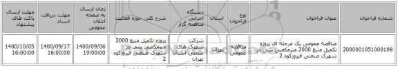مناقصه عمومی یک مرحله ای پروژه تکمیل منبع 2000 مترمکعبی بتنی در شهرک صنعتی فیروزکوه 2 