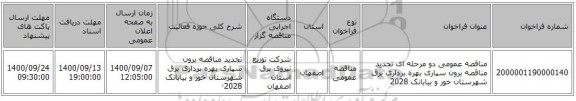 مناقصه عمومی دو مرحله ای تجدید مناقصه برون سپاری بهره برداری برق شهرستان خور و بیابانک 2028