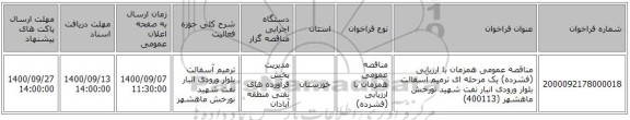 مناقصه عمومی همزمان با ارزیابی (فشرده) یک مرحله ای ترمیم آسفالت بلوار ورودی انبار نفت شهید نورخش ماهشهر (400113)
