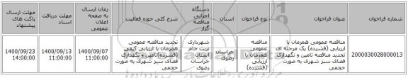 مناقصه عمومی همزمان با ارزیابی (فشرده) یک مرحله ای تجدید مناقصه تامین و نگهداری فضای سبز شهری به صورت حجمی