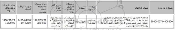 مناقصه عمومی یک مرحله ای عملیات اجرایی احداث مخزن بتنی 2000 مترمکعبی تاسیسات خلیفه حیدر شهرستان کرخه( تامین کننده آب 38 روستای تحت پوشش )