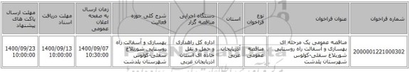 مناقصه عمومی یک مرحله ای  بهسازی و آسفالت راه روستایی شوربلاغ سفلی-کولوس شهرستان پلدشت ‏‏‏‏
