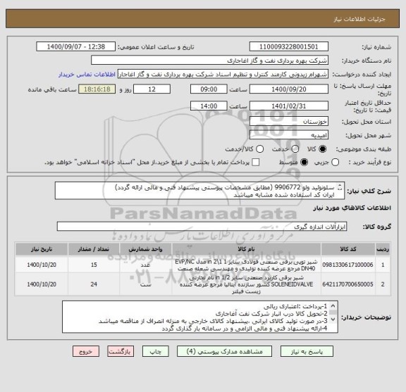 استعلام سلونوئید ولو 9906772 (مطابق مشخصات پیوستی پیشنهاد فنی و مالی ارائه گردد)
ایران کد استفاده شده مشابه میباشد
