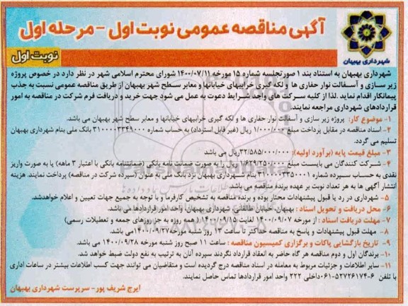 مناقصه پروژه زیرسازی و آسفالت نوار، حفاری ها و لکه گیری خرابی های خیابانها و معابر سطح شهر