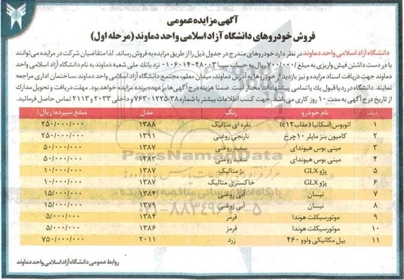 مزایده، مزایده عمومی فروش خودروهای دانشگاه