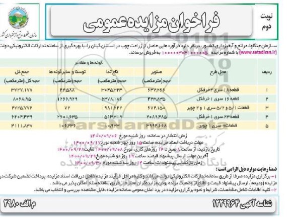 فراخوان مزایده فرآورده هایی حاصل از زراعت چوب