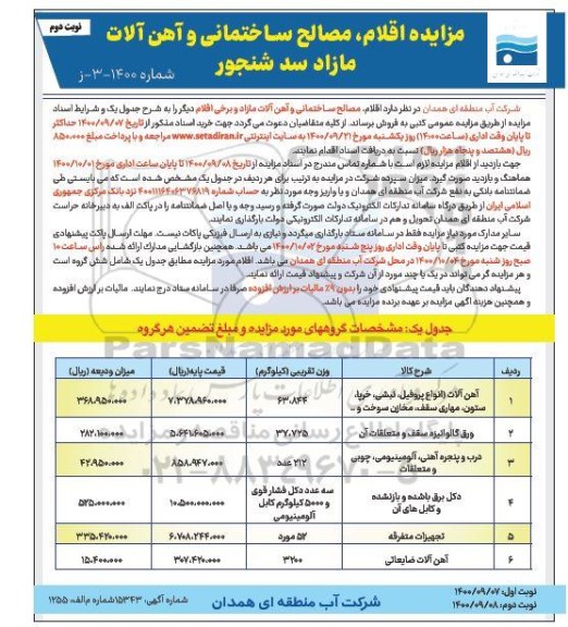 مزایده , مزایده اقلام ، مصالح ساختمانی و آهن آلات مازاد سد - نوبت دوم