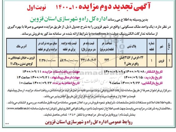 مزایده مزایده فروش یک واحد ملک مسکونی
