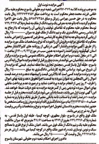 مزایده،مزایده یک و نیم دانگ از ملک پلاک ثبتی 729.3216 نوبت اول