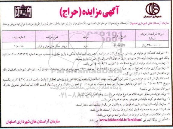 مزایده تعدادی سنگهای مزار و قرنیز نوبت دوم