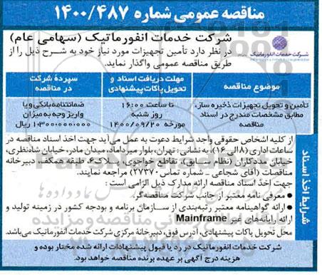 مناقصه تامین و تحویل تجهیزات ذخیره ساز