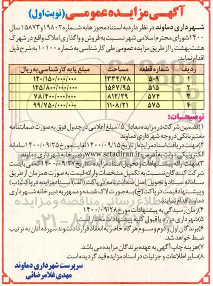 مزایده،مزایده فروش و واگذاری املاک در شهرک هشت بهشت
