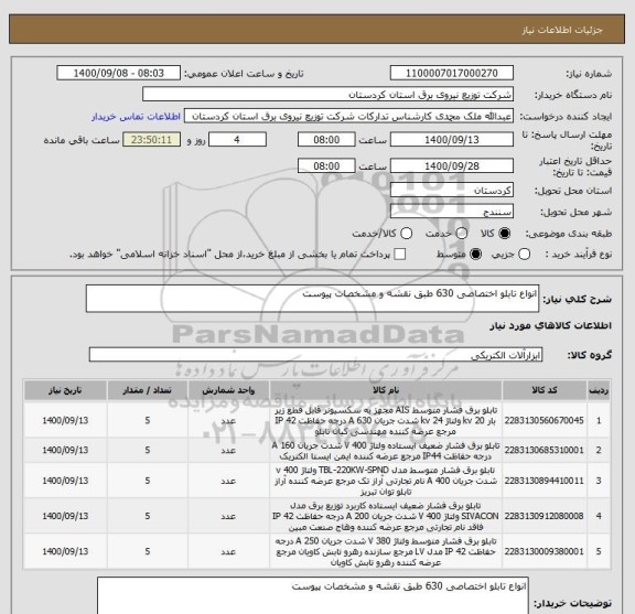 استعلام انواع تابلو اختصاصی 630 طبق نقشه و مشخصات پیوست