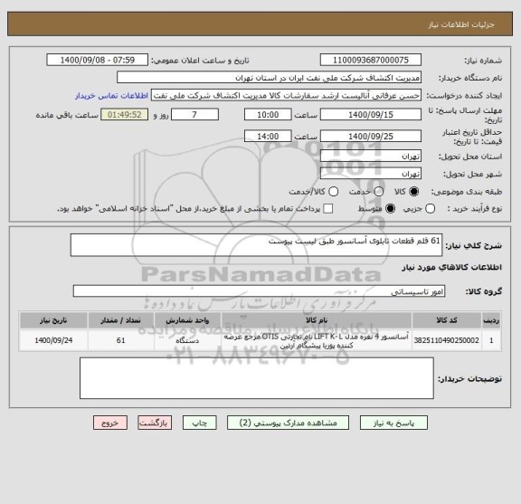 استعلام 61 قلم قطعات تابلوی آسانسور طبق لیست پیوست