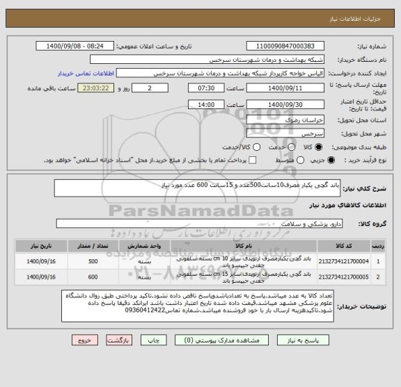 استعلام باند گچی یکبار مصرف10سانت500عدد و 15سانت 600 عدد مورد نیاز