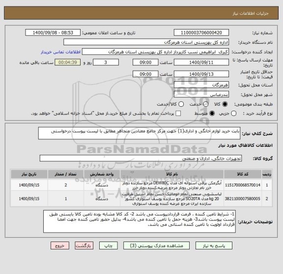 استعلام بابت خرید لوازم خانگی و اداری(1) جهت مرکز جامع معتادین متجاهر مطابق با لیست پیوست درخواستی