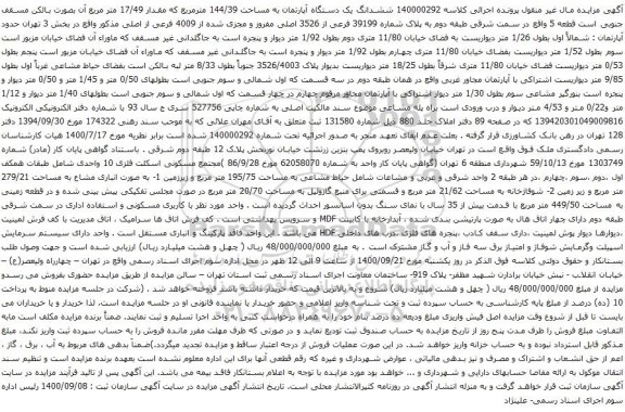 آگهی مزایده ششدانگ یک دستگاه آپارتمان به مساحت 144/39 مترمربع که مقدار 17/49 متر مربع