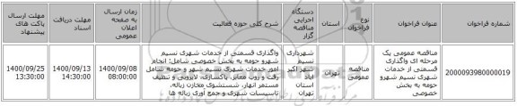 مناقصه عمومی یک مرحله ای واگذاری قسمتی از خدمات شهری نسیم شهرو حومه به بخش خصوصی 