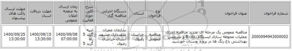 مناقصه عمومی یک مرحله ای تجدید مناقصه اجرای عملیات محوطه سازی ایستگاه زمان 8 و سرویس بهداشتی باغ رنگ ها در پروژه بوستان خورشید