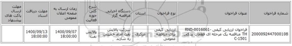 فراخوان ارزیابی کیفی RND-0016061-TH مناقصه یک مرحله ای قطعات یدکی C-1501