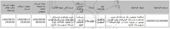 مناقصه عمومی یک مرحله ای خرید مصالح و بازسازی فیلترهای تحت فشار موجود در تصفیه خانه آب کوت عبداله شهرستان کارون
