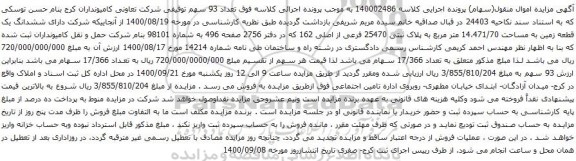 آگهی مزایده تعداد 93 سهم توقیفی شرکت