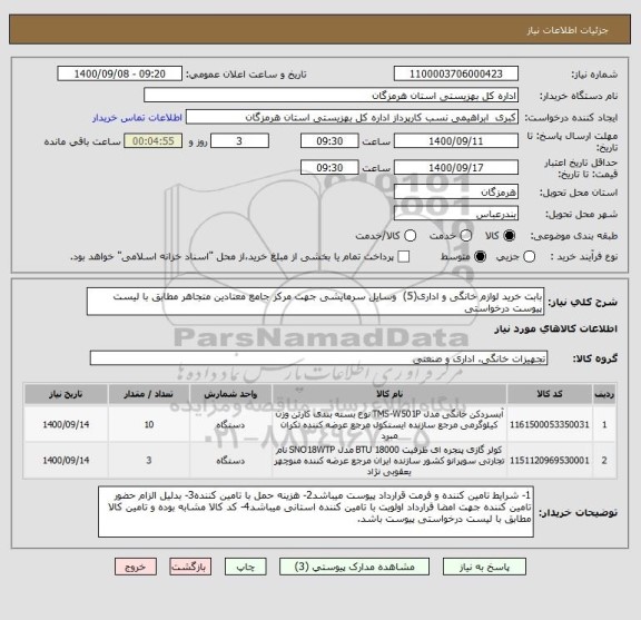 استعلام بابت خرید لوازم خانگی و اداری(5)  وسایل سرمایشی جهت مرکز جامع معتادین متجاهر مطابق با لیست پیوست درخواستی