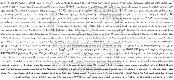 آگهی مزایده ششدانگ یکباب خانه به مساحت عرصه واعیان65.03 متر مربع به پلاک 1051واقع در بخش 3 آبادان