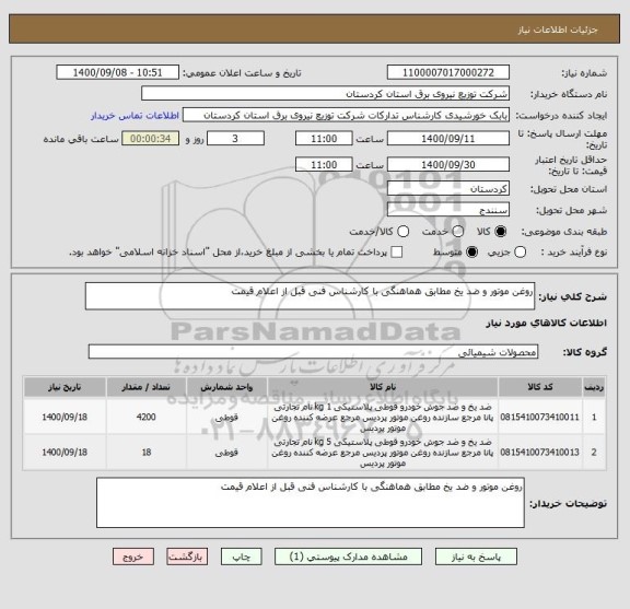 استعلام روغن موتور و ضد یخ مطابق هماهنگی با کارشناس فنی قبل از اعلام قیمت 