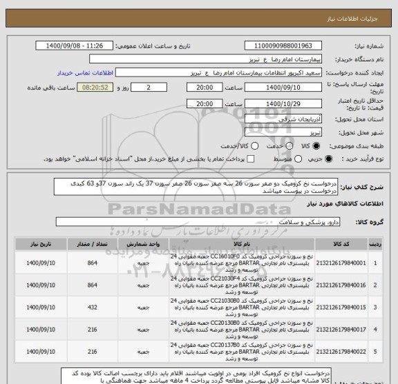 استعلام درخواست نخ کرومیک دو صفر سوزن 26 سه صفر سوزن 26 صفر سوزن 37 یک راند سوزن 37و 63 کبدی درخواست در پیوست میباشد 